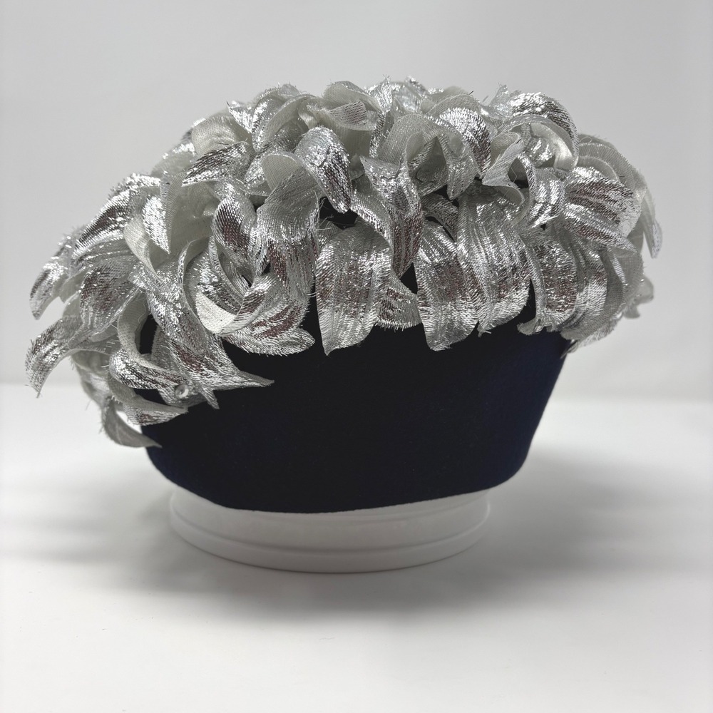 Jack McConnell Boutique Vintage Navy Wool Pillbox Hat Silver Floral  Pillbox USA